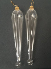 2 Hand Blown Clear Translucent Glass Teardrop Icicle Christmas Ornaments 5.75 in