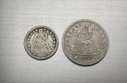 1853 Seated Liberty Quarter Arrows & Rays Choice VF/1853-O Seated Dime Lot Of 2