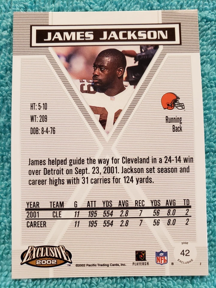 2002 PACIFIC EXCLUSIVE JAMES JACKSON #42 CLEVELAND BROWNS - Image 3 of 4