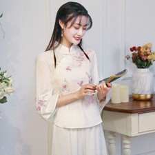 Women Chinese Style Hanfu Cheongsam Top Embroidered Shirt Tang Suit Blouses