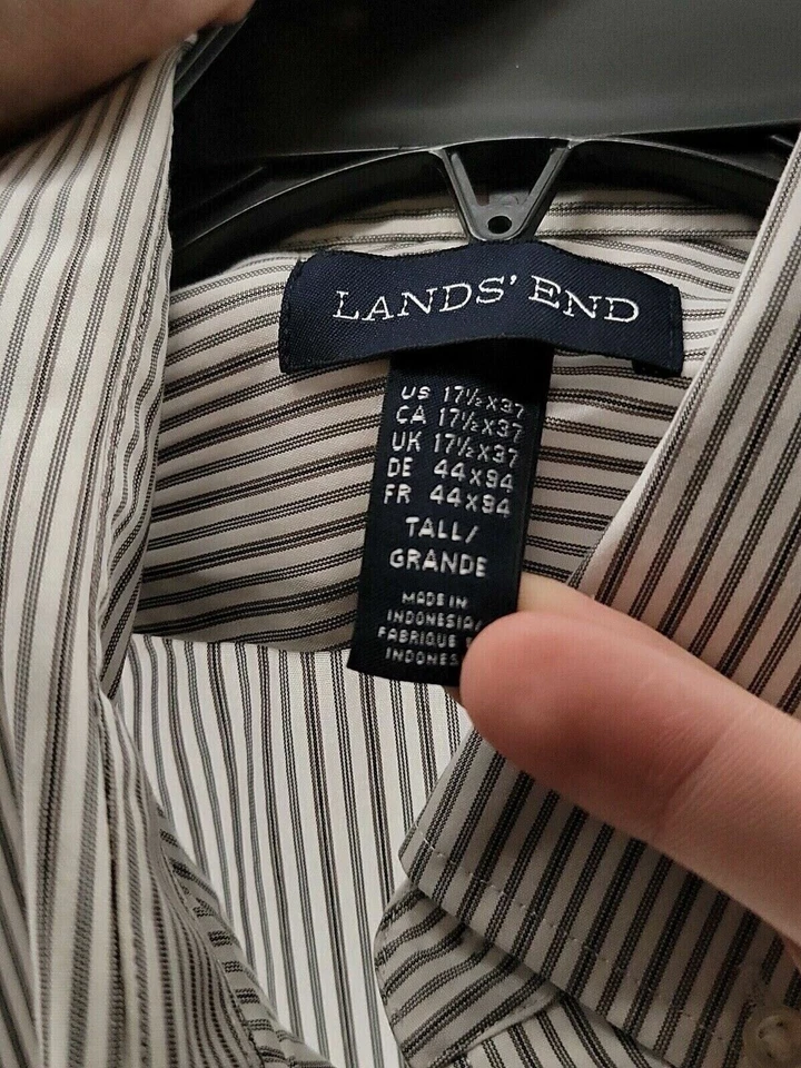 Camisa de vestir Lands End para hombre 17,5 37 blanca gris a rayas con botones 100 % algodón Foto 3 de 4