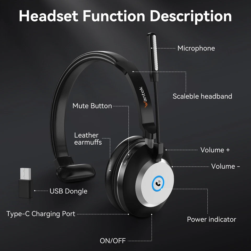 Wantek Freisprech-Ohrhörer mit Mikrofon Bluetooth Kopfhörer für PC/Laptop/Handys - Bild 4 von 4