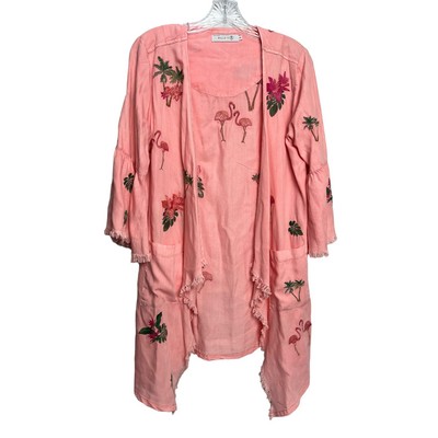 Billy T Kimono Top Women Small Flamingo Embroidered Chambray Open Cardigan Beach
