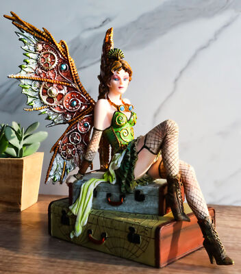 Steampunk Aviator Fairy Sitting On Suitcases Figurine 9''H Victorian Traveler
