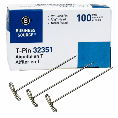Business Source 32351 T-Pins, 2'' Long, Nickle Plated, Box of 100