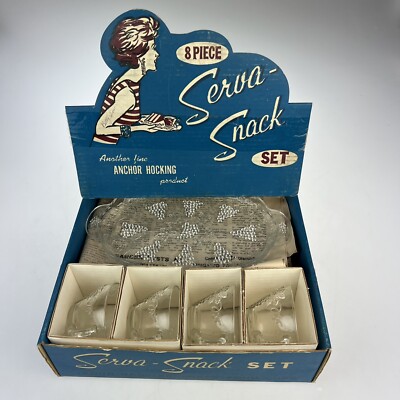 MINT! Vintage ANCHOR HOCKING SERVA SNACK 8 piece Set with Box 