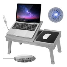 Foldable Laptop Table Tray Desk Height Adjustable Stand Bed Cooling Fan Grey