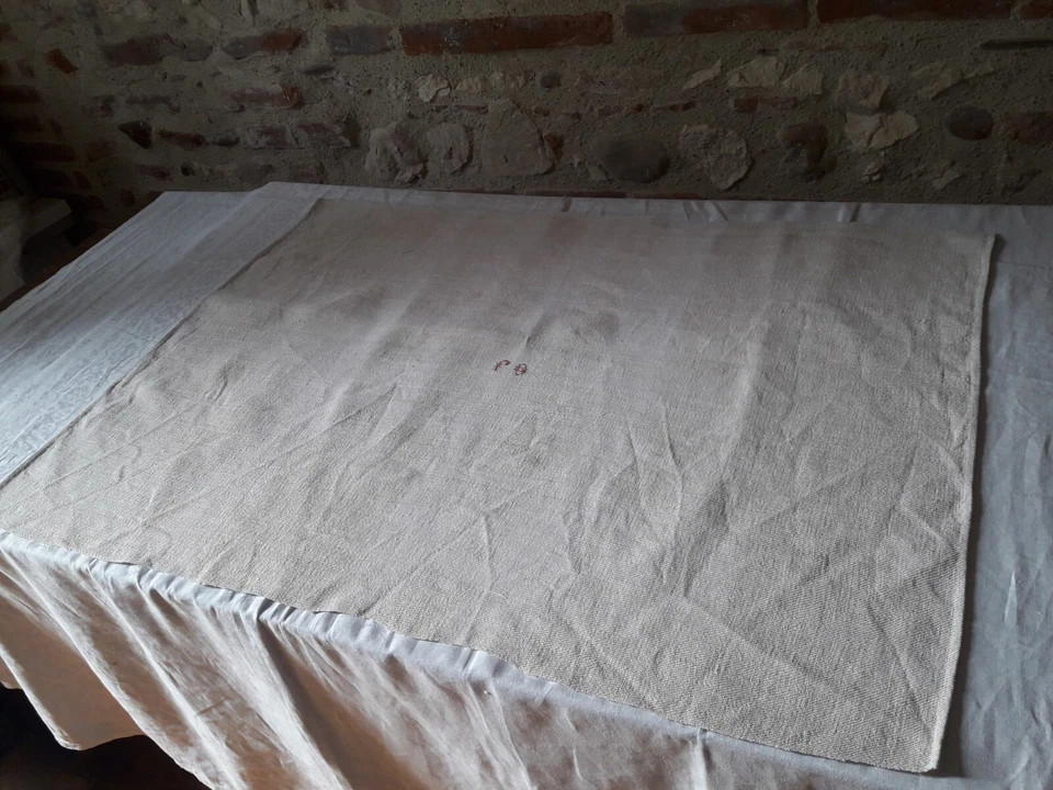N03 Ancien torchon en chanvre brodé rouge monogramme FO 73X102cm OLD HEMP CLOTH - Photo 3/4