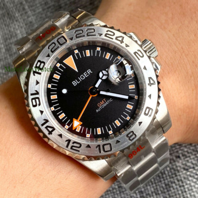 GMT 40mm Sapphire Automatic Mens Watch Date Cyclops Black/White Dial Steel Band