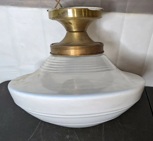 Vintage Milk Glass Reflector Schoolhouse Hanging Lamp ART MCM 1940's 50's Old