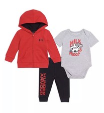 New Under Armour Baby Boys Zip Hoodie, Bodysuit  Pant 3PC Set 3-6M Red