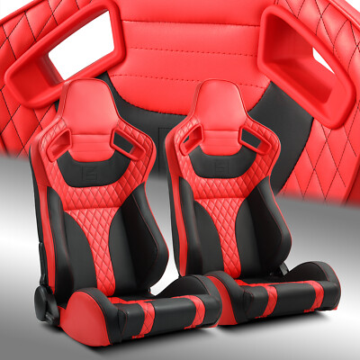 Universal Red + Black Side PVC Leather Sport Reclinable Racing Seats Pair