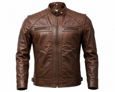 Men's Black Leather Biker Jacket Quilted Shoulder Motorcycle Slim Fit Coat