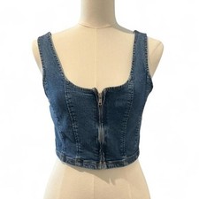 Forever 21 Denim Corset Top Womens Medium Blue Excellent Zip Front Crop Bustier
