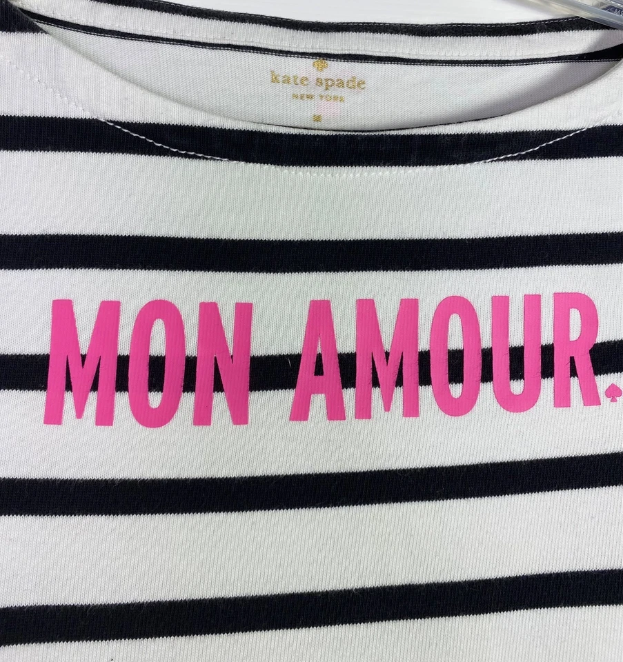 Top KATE SPADE New York Mon Amour Rayas Negro Blanco Algodón Tejido Manga 3/4 M Foto 3 de 4