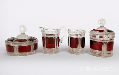 EAPG George Duncan No. 90 Zippered Block Ruby Flash - Antique Complete Table Set