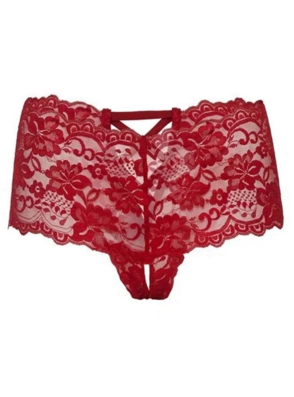 Good Night Kiss lace boyshort with scalloped galloon lace, criss-cross back and open gusset.