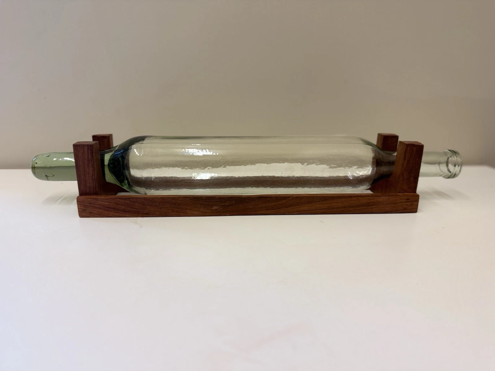 20" Blown Clear Glass Cold Pastry Rolling Pin with Wooden Stand Vintage