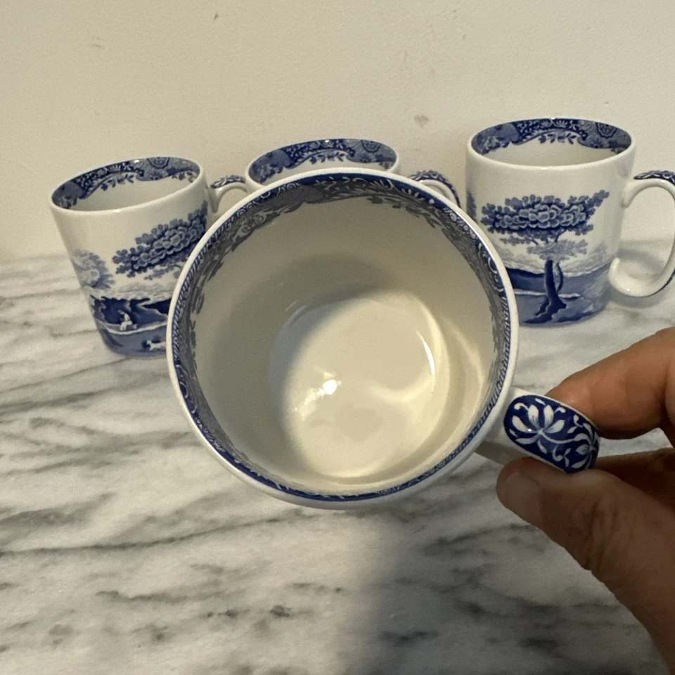 Spode Blue Italian 9 oz Coffee Mugs Set of 4 Blue & White Country Scenes NWOT - Image 3 of 4