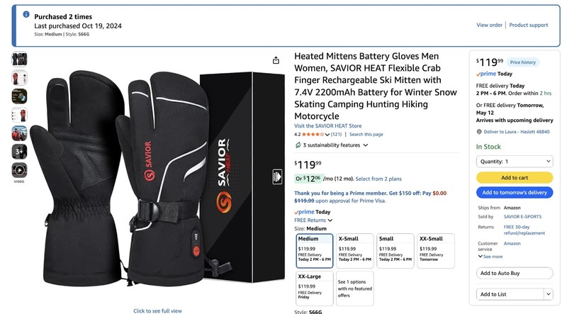 SAVIOR HEAT BRAND NEW AMAZON Heated Mittens Battery Rechargeable Ski Gloves 7.4V