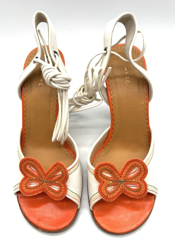 Marc Jacobs NIB Butterfly Heels 37.5 Italy Linen Orange Runway Vtg GIFT - Image 4 of 4