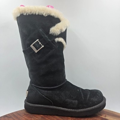 UGG Messenger Boots Women's 7 Black Suede Shearling Lined 5358 Tall Buckle Warm
