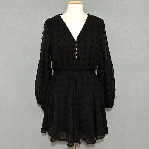 Entro Womens Dress L Black Puff Dot Sheer Chiffon Ruffle Whimsigoth Fairy Grunge