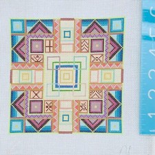 Handpainted Needlepoint Canvas Maggie Co. Geometric intricate squares quilt 18ct