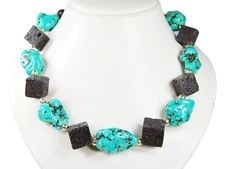 Gorgeous Necklace IN Turquoise (Howlite) And Lava IN Cube Shape And Nuggets