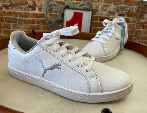 white and grey puma shoes