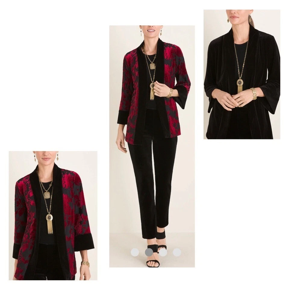 JAQUETA DE VELUDO REVERSÍVEL Chico's Traveller feminina tamanho (0) 4 XS damasco e preta - Imagem 2 de 4