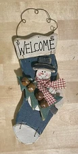 ADORABLE HAND PAINTED WOOD SNOWMAN  ON A WOOD STOCKING ORNAMENT!! PRIMITIVE