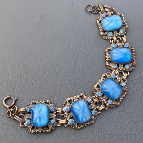 Vintage Czech Star Sapphire glass Bracelet . Art Deco Costume jewelry - Picture 3 of 9