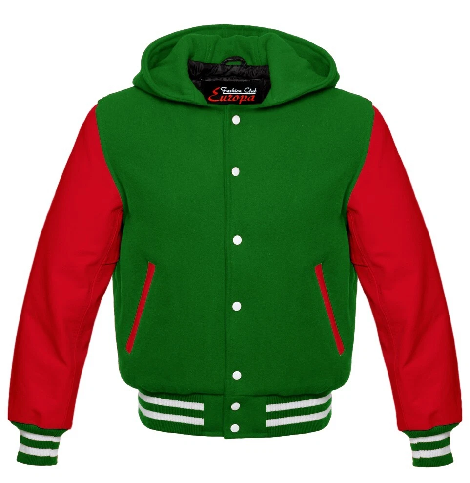 Men's Wool Baseball Varsity Hoodie Jacket With Genuine Leather Sleeves