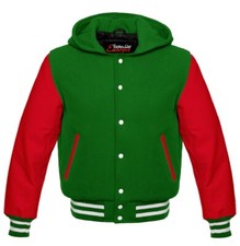Men's Wool Baseball Varsity Hoodie Jacket With Genuine Leather Sleeves