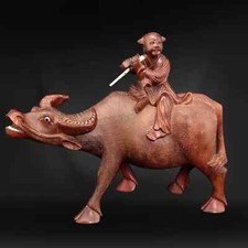 Chinese Carved Wood Water Buffalo and Boy Republic Era