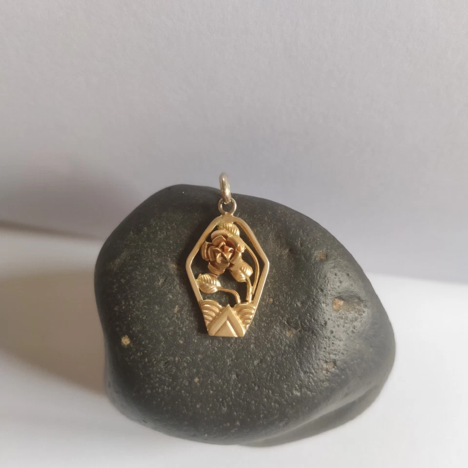 Pendentif Ancien Vintage Style Art Déco Fleur /Bouton De Rose Plaqué Or Poinçon - Photo 3/4