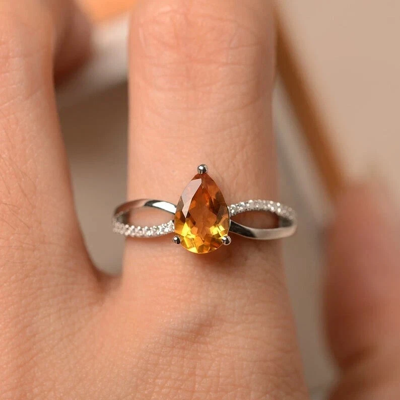 Anillo nupcial de diamantes citrinos naturales talla pera de 4,00 quilates de oro blanco macizo de 14 quilates tamaño TODO Foto 4 de 4