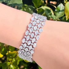 Sparkling Silver Plated Oval Cubic Zirconia Big Wide Tennis Bracelet for Wedding