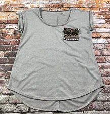 Loft Top Ladies Medium Gray Aztec Sleeveless Tank Top Pocket Casual Womens