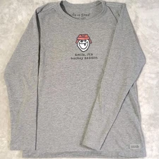 Life Is Good Vintage T-Shirt Smile Hockey Season Long Sleeve Womens Medium Gray