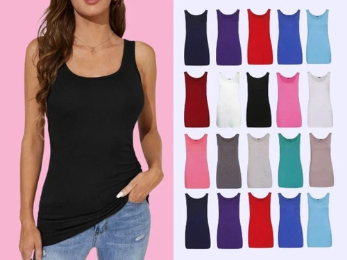 WOMENS SCOOP NECK SLEEVELESS LADIES LONG STRETCH PLAIN VEST STRAPPY T-SHIRT TOP