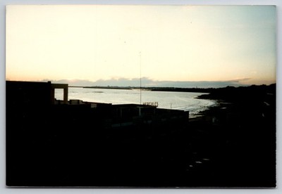 Vintage Photo Dusk Coastal Bay Silhouette Mediterranean Seaside Town Evening