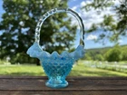 VINTAGE FENTON SMALL BLUE OPALESCENT HOBNAIL BASKET RUFFLED CRIMPED RIM 6”