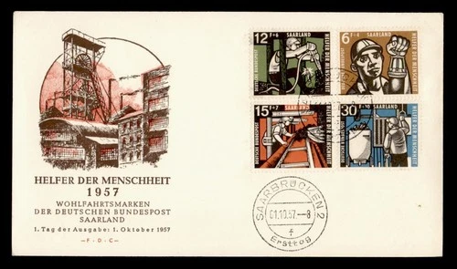 DR WHO 1957 GERMANY SAAR FDC MINING INDUSTRY SEMI POST COMBO M78157