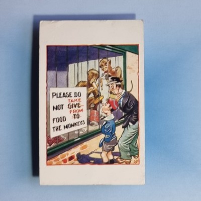 Comic Postkarte um 1925 Affen Zoo Käfig Bananen verändertes Schild S.H. Signiert