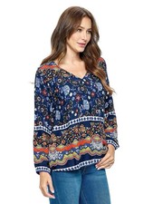 Floral Long Sleeve Pullover Blouse Top, V-Neck or Round Neck, Blue Multicolor
