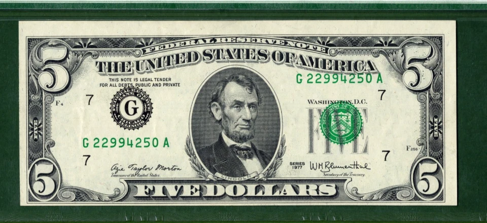 1977  $5   FEDERAL  RESERVE  💸 MISALIGNMENT  ERROR   💸  PMG  63  EPQ - Image 3 of 4