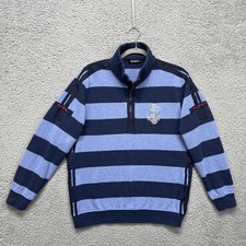 Balmain Sweater Mens Medium Blue Striped Quarter Zip Mock Neck Nautical Anchor