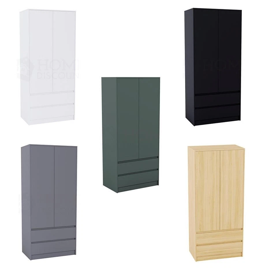 HOME DISCOUNT Wooden Wardrobe 2 Doors 2 Drawers Storage Hanging Rails Bedroom Furniture